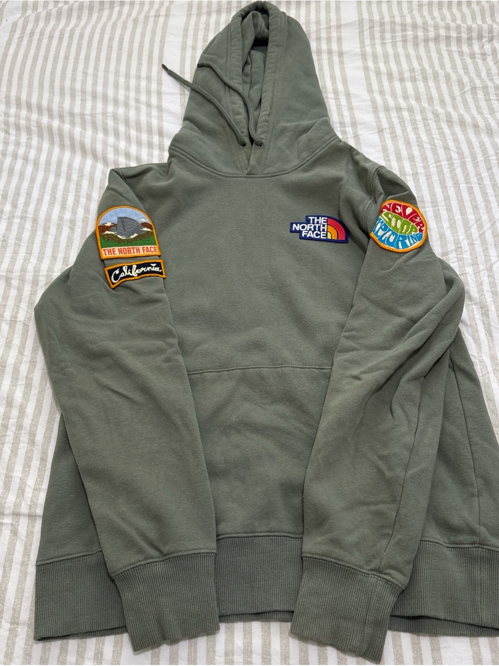 The North Face Olive Green Hooded Pullover with Embroidered Patches